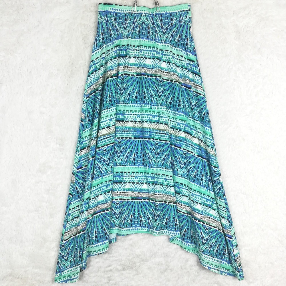 Maurices Womens Skirt Maxi Asymmetrical Abstract Print Blue White Mint Pull On S